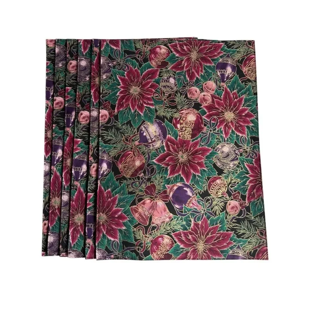 Vintage Christmas Poinsettia and Baubles Print Placemats Set of 6 Holiday Decor